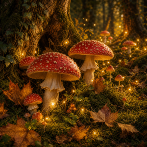 Diamond painting pakket paddenstoelenbos met lichtjes met hoofdbeeld en sfeerbeelden
