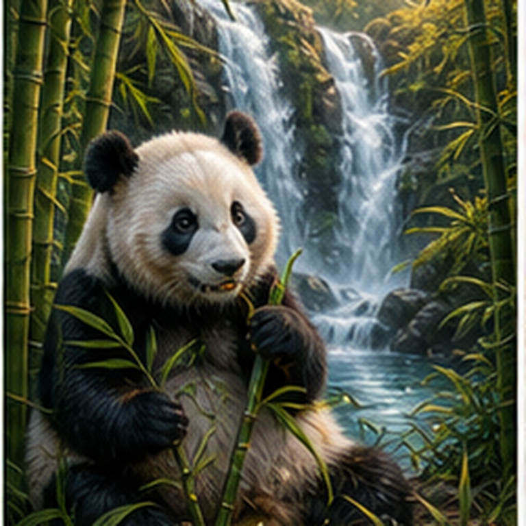 Diamond painting pakket panda bij bamboe waterval met hoofdbeeld en sfeerbeelden