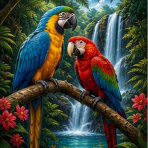 Diamond painting pakket papegaaien bij tropische waterval met hoofdbeeld en sfeerbeelden