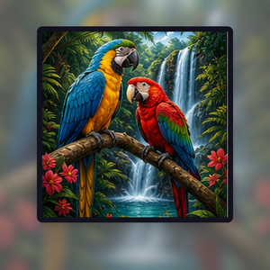 Diamond painting pakket papegaaien bij tropische waterval met hoofdbeeld en sfeerbeelden sfeerbeeld