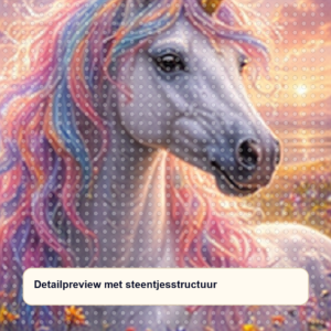 Diamond painting pakket pastel eenhoorn in bloemenweide met hoofdbeeld en sfeerbeelden detailpreview