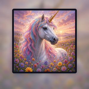 Diamond painting pakket pastel eenhoorn in bloemenweide met hoofdbeeld en sfeerbeelden sfeerbeeld