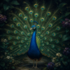 Diamond painting pakket pauw in donkergroene tuin met hoofdbeeld en sfeerbeelden