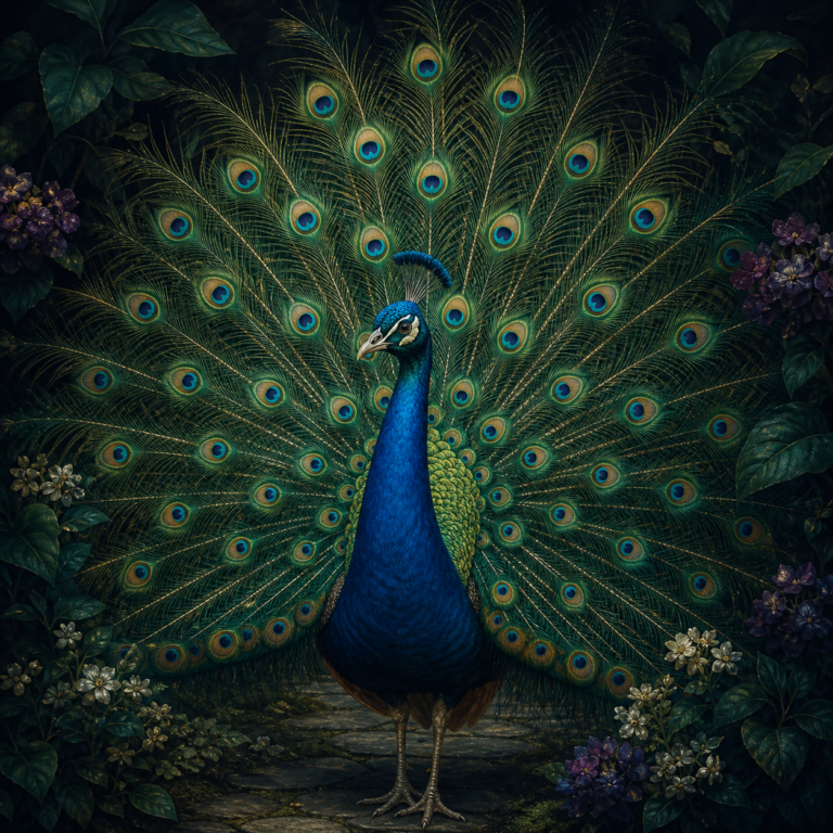 Diamond painting pakket pauw in donkergroene tuin met hoofdbeeld en sfeerbeelden