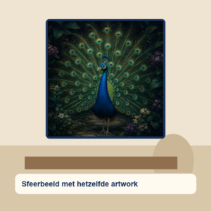 Diamond painting pakket pauw in donkergroene tuin met hoofdbeeld en sfeerbeelden sfeerbeeld