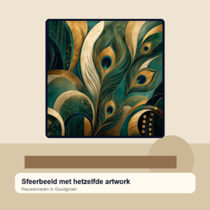 Diamond painting pakket pauwenveren in goudgroen met hoofdbeeld en sfeerbeelden sfeerbeeld