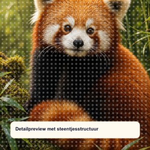 Diamond painting pakket rode panda tussen bamboe met hoofdbeeld en sfeerbeelden detailpreview