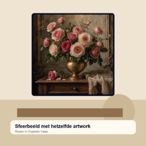Diamond painting pakket rozen in koperen vaas met hoofdbeeld en sfeerbeelden sfeerbeeld
