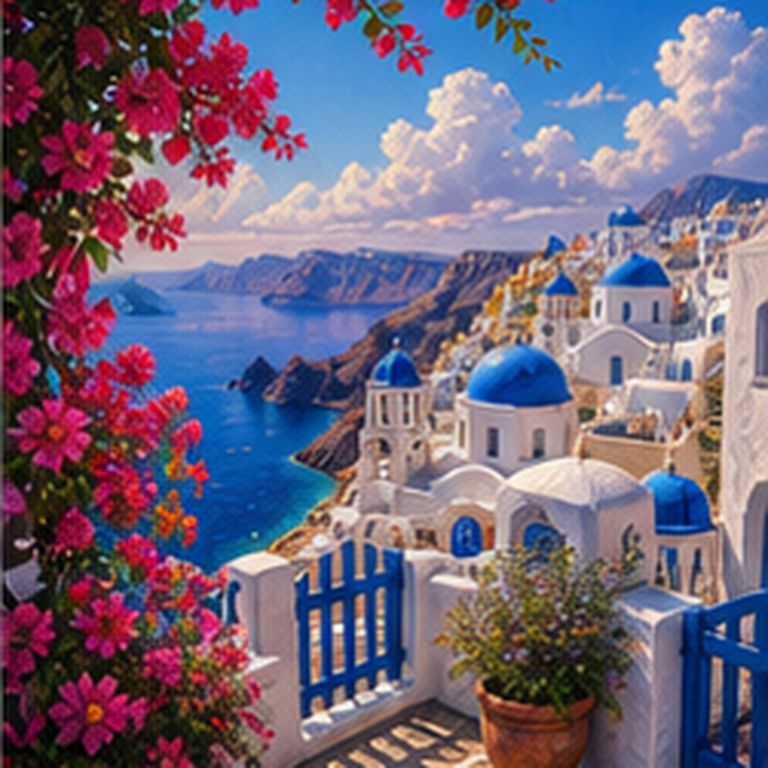 Diamond painting pakket santorini balkon met bougainvillea met hoofdbeeld en sfeerbeelden