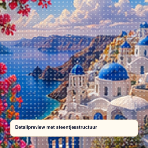 Diamond painting pakket santorini balkon met bougainvillea met hoofdbeeld en sfeerbeelden detailpreview