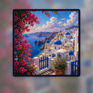Diamond painting pakket santorini balkon met bougainvillea met hoofdbeeld en sfeerbeelden sfeerbeeld