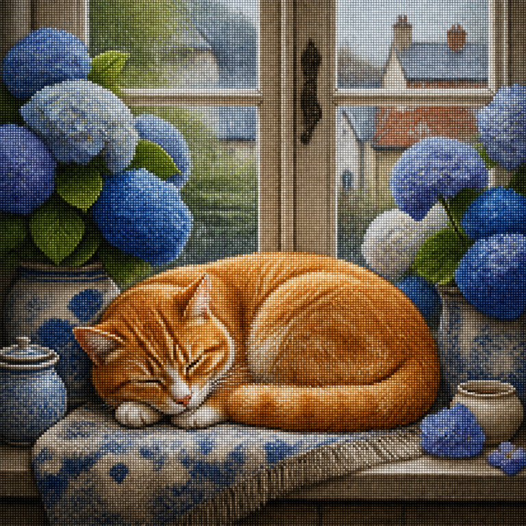 Diamond painting pakket met slapende rode kat bij blauwe hortensias