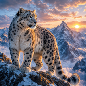 Realistische diamond painting met sneeuwluipaard op bergklif in de Himalaya