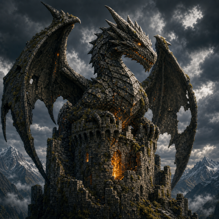 Realistische fantasy diamond painting met stenen draak op kasteelruine