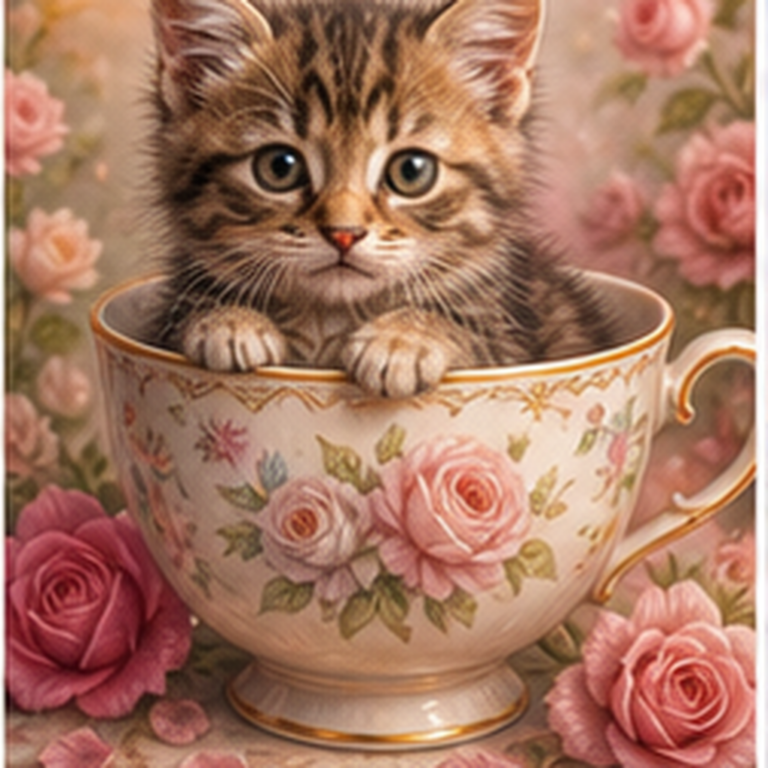 Diamond painting pakket theekopje met kitten en bloemen met hoofdbeeld en sfeerbeelden
