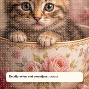 Diamond painting pakket theekopje met kitten en bloemen met hoofdbeeld en sfeerbeelden detailpreview