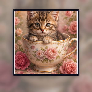 Diamond painting pakket theekopje met kitten en bloemen met hoofdbeeld en sfeerbeelden sfeerbeeld