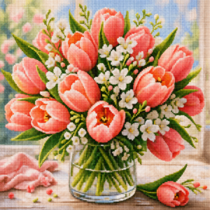 Diamond painting pakket met roze tulpen en witte bloesem in glazen vaas