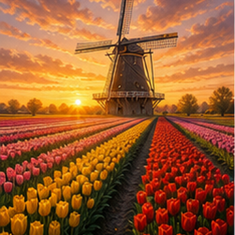 Diamond painting pakket tulpenveld met windmolen met hoofdbeeld en sfeerbeelden