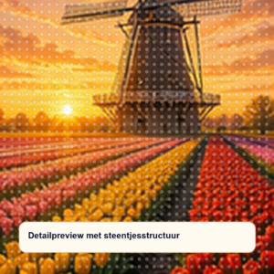Diamond painting pakket tulpenveld met windmolen met hoofdbeeld en sfeerbeelden detailpreview