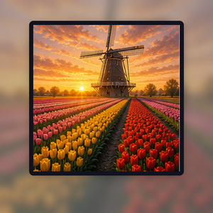 Diamond painting pakket tulpenveld met windmolen met hoofdbeeld en sfeerbeelden sfeerbeeld
