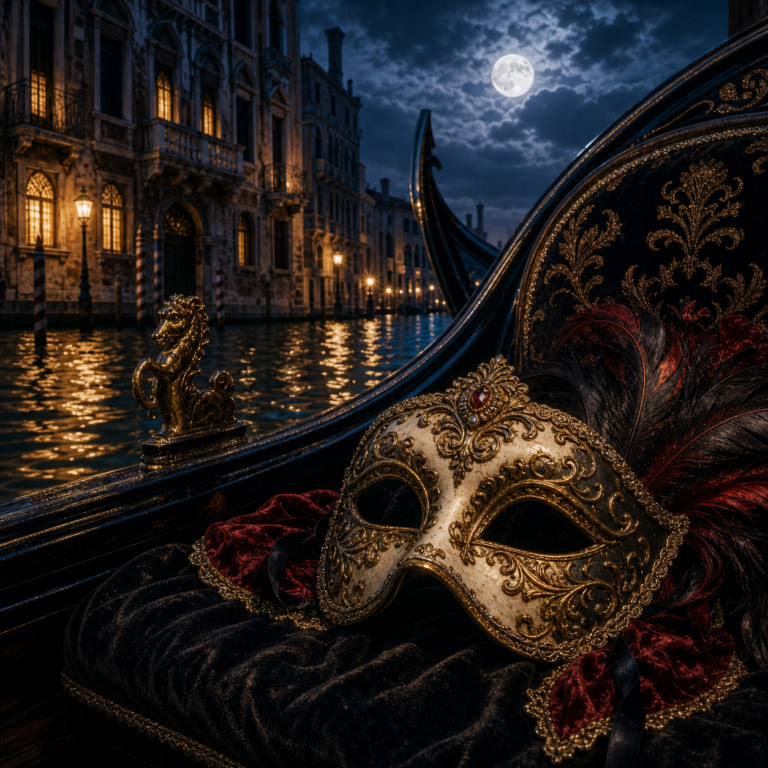 Realistische diamond painting met Venetiaans masker op gondel bij maanlicht