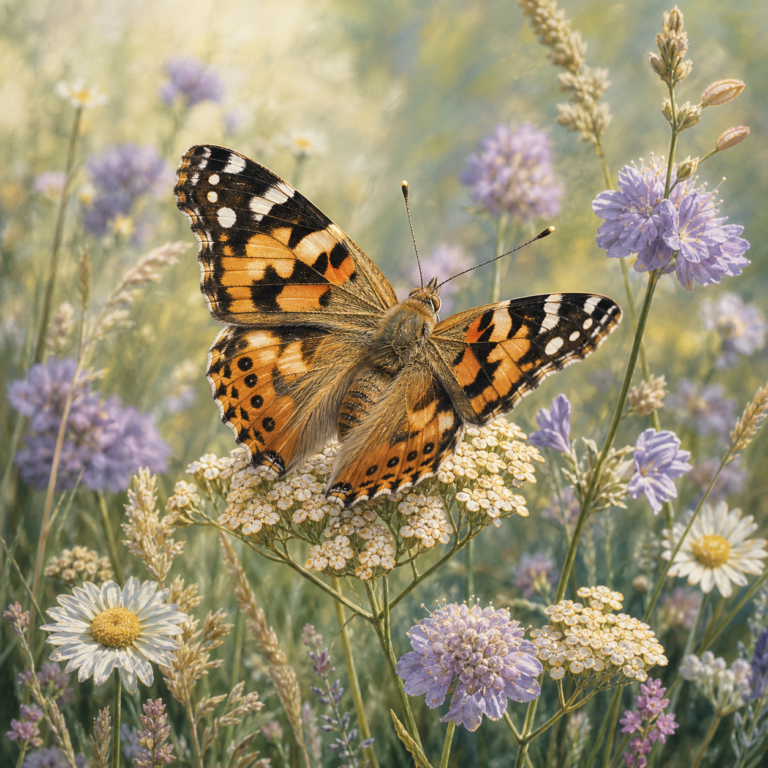 Diamond painting pakket vlinder in zomerse bloemen met hoofdbeeld en sfeerbeelden