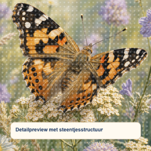Diamond painting pakket vlinder in zomerse bloemen met hoofdbeeld en sfeerbeelden detailpreview