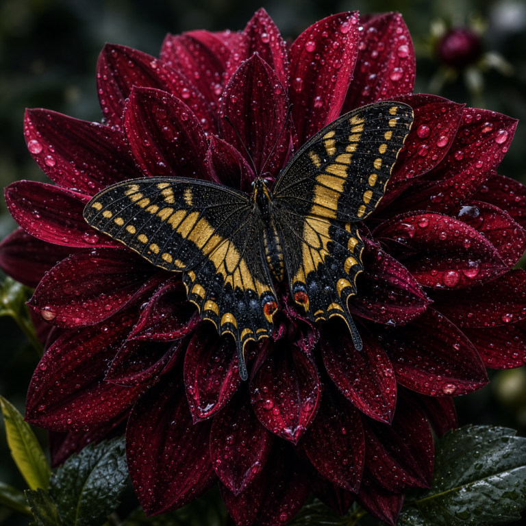 Realistische diamond painting met zwarte gele vlinder op donkere rode dahlia