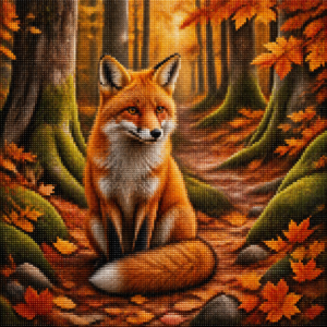 Diamond painting pakket vos in herfstbos met hoofdbeeld en sfeerbeelden