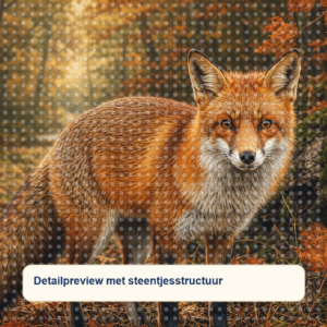 Diamond painting pakket vos in koperkleurig herfstbos met hoofdbeeld en sfeerbeelden detailpreview