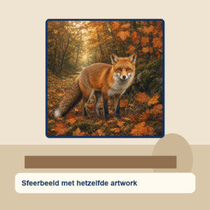 Diamond painting pakket vos in koperkleurig herfstbos met hoofdbeeld en sfeerbeelden sfeerbeeld