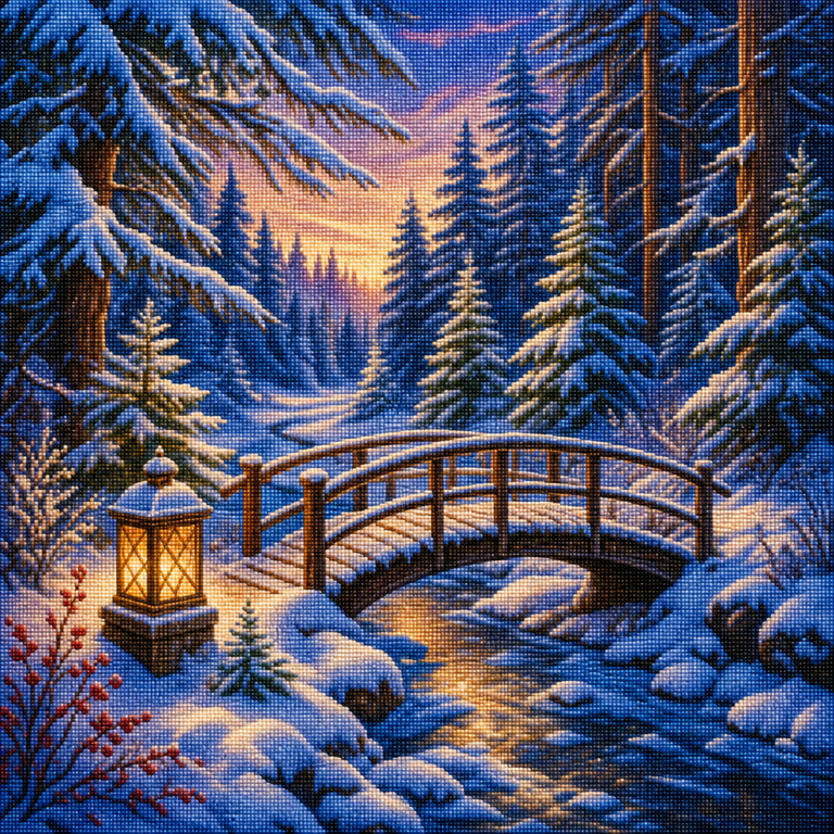Diamond painting pakket met winterbos, houten brug en warme lantaarn