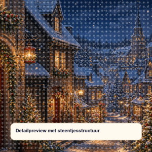 Diamond painting pakket winterstraatje met lantaarns met hoofdbeeld en sfeerbeelden detailpreview