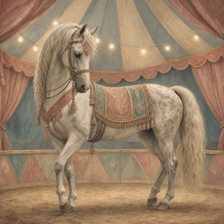 Diamond painting pakket wit circuspaard onder lichtslingers met hoofdbeeld en sfeerbeelden