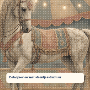 Diamond painting pakket wit circuspaard onder lichtslingers met hoofdbeeld en sfeerbeelden detailpreview