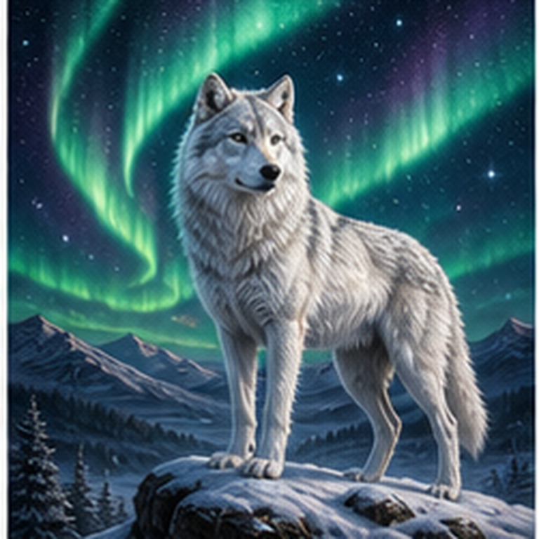 Diamond painting pakket witte wolf onder noorderlicht met hoofdbeeld en sfeerbeelden