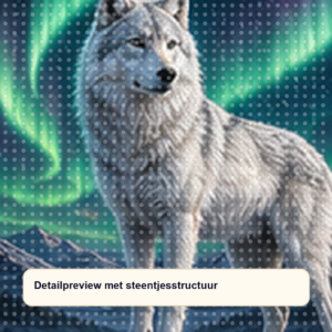 Diamond painting pakket witte wolf onder noorderlicht met hoofdbeeld en sfeerbeelden detailpreview