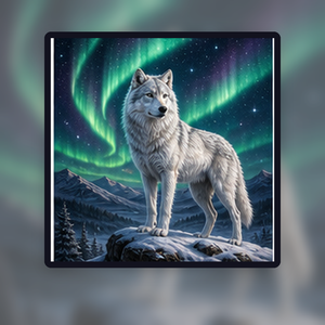 Diamond painting pakket witte wolf onder noorderlicht met hoofdbeeld en sfeerbeelden sfeerbeeld