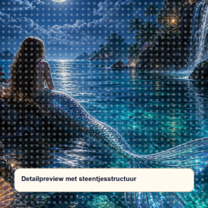 Diamond painting pakket zeemeermin lagune bij maanlicht met hoofdbeeld en sfeerbeelden detailpreview