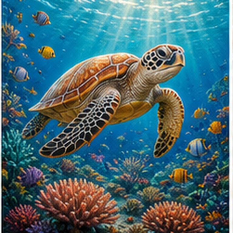 Diamond painting pakket zeeschildpad boven koraalrif met hoofdbeeld en sfeerbeelden