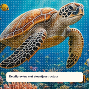 Diamond painting pakket zeeschildpad boven koraalrif met hoofdbeeld en sfeerbeelden detailpreview