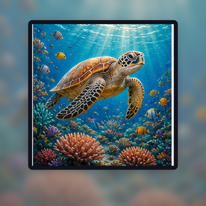 Diamond painting pakket zeeschildpad boven koraalrif met hoofdbeeld en sfeerbeelden sfeerbeeld