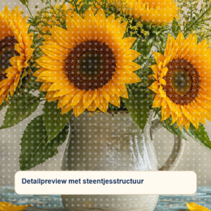 Diamond painting pakket zonnebloemen in vaas met hoofdbeeld en sfeerbeelden detailpreview