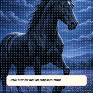 Diamond painting pakket zwart paard in maanweide met hoofdbeeld en sfeerbeelden detailpreview
