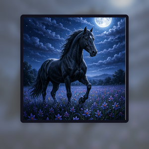 Diamond painting pakket zwart paard in maanweide met hoofdbeeld en sfeerbeelden sfeerbeeld