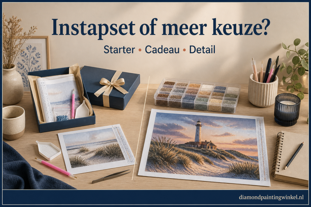 Rustige keuzehulpvisual voor diamond painting HEMA alternatieven met cadeauvriendelijke starterset links en uitgebreider hobbyvoorbeeld rechts
