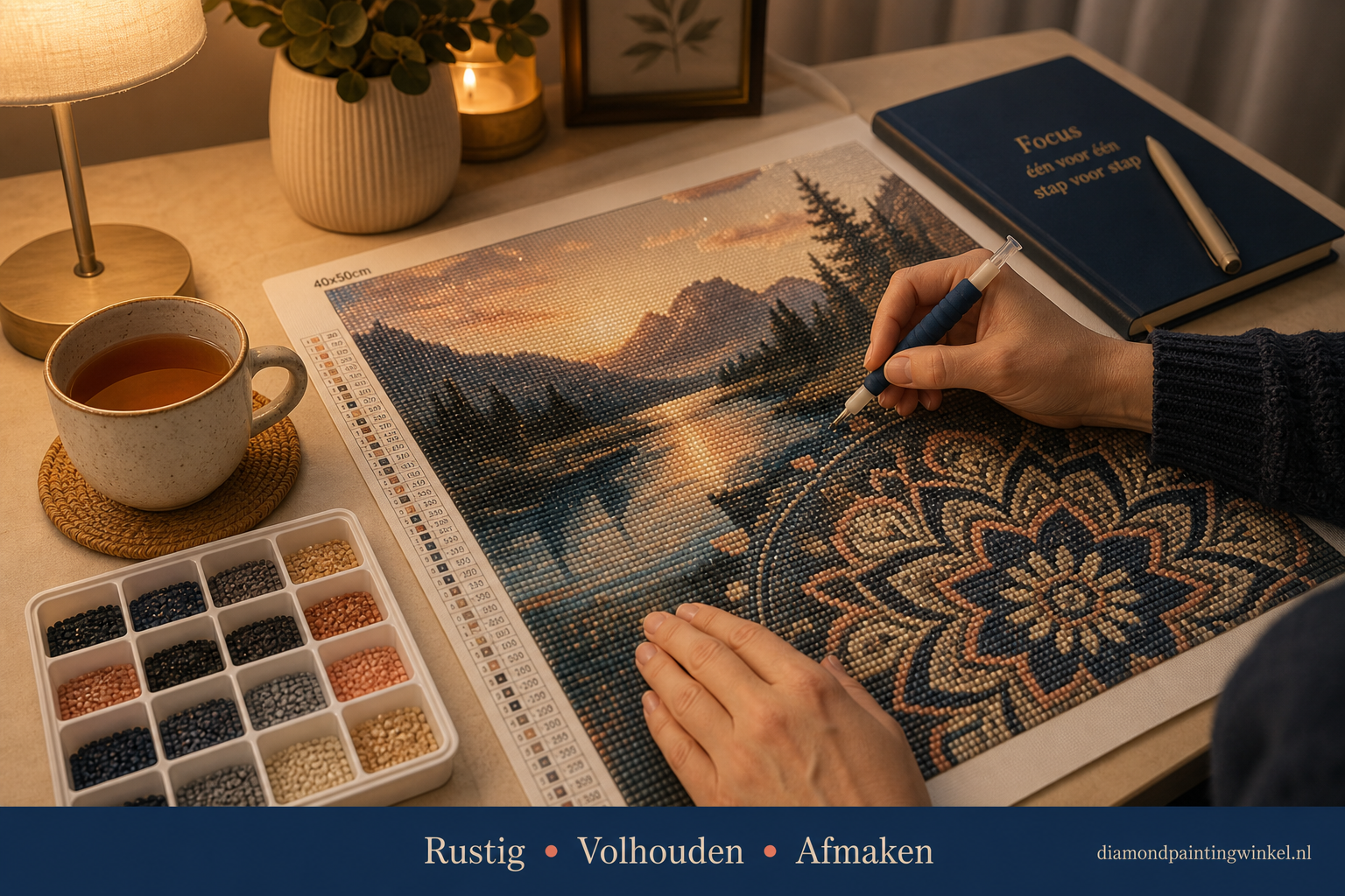 Handen werken bij warm avondlicht aan een onafgemaakte diamond painting van een berglandschap, met een kop thee en een sorteerbakje vol steentjes op tafel