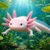 Roze axolotl tussen groene waterplanten in een turquoise onderwaterlandschap