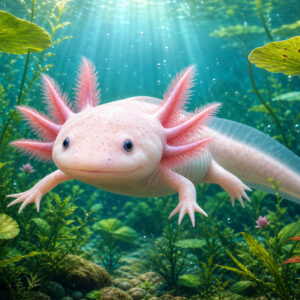 Roze axolotl tussen groene waterplanten in een turquoise onderwaterlandschap